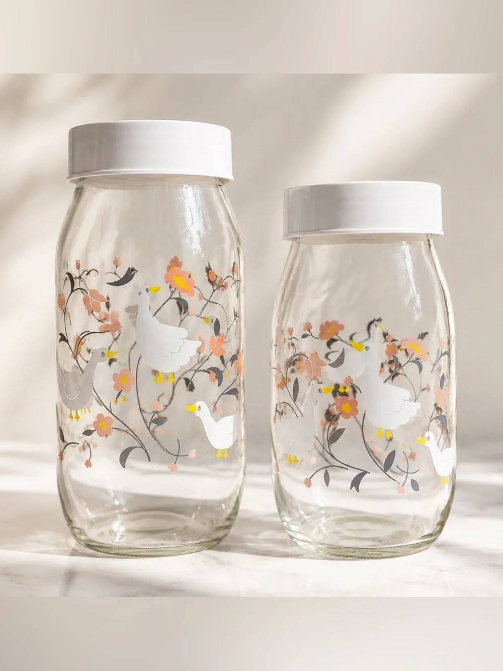 Vintage White Floral Duck Glass Storage Jar (set of 2)